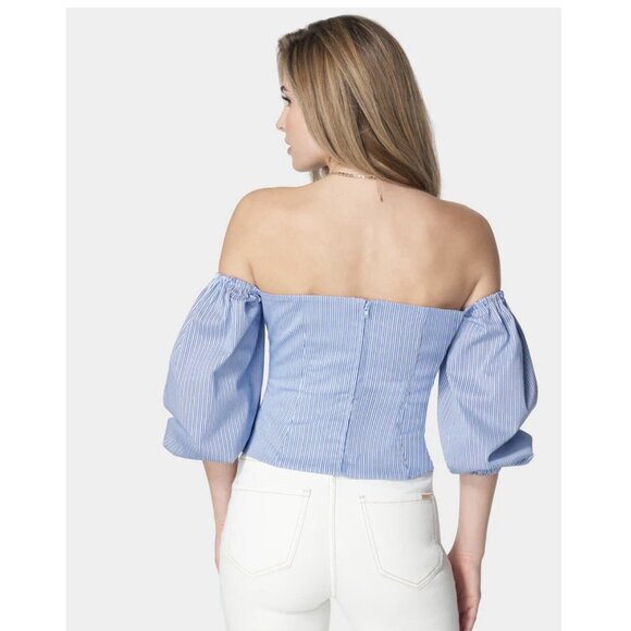 Bebe Poplin Off Shoulder Blue White Striped Top 2 Cotton Nautical Date Night Bea - Picture 3 of 11